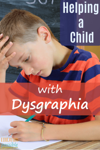 Tween boy frustrated with writing. Text overlay reads Helping a child with dysgraphia.