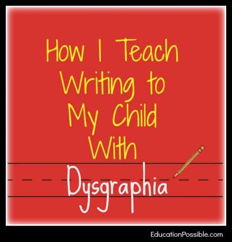 Red background, handwriting lines with pencil. Text reads How I Teach Writing to My Child with Dysgraphia