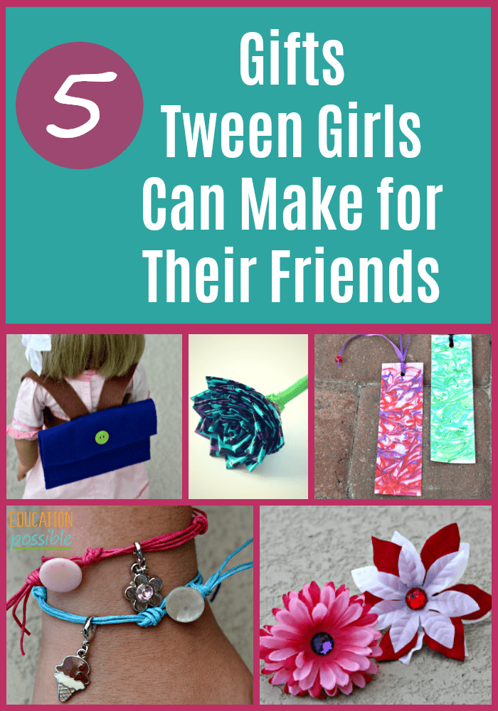 Crafts for teens a felt doll backpack, duct tape flower pen, marbled bookmarks, flower hair clips, and charm bracelet. Make DIY gifts for friends.