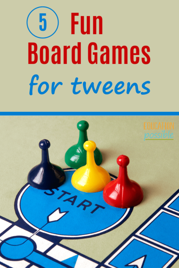 Text overlay reads Fun Board Games for tweens above a close up of Sorry game pieces sitting in start circle.