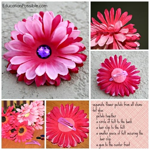 DIY gifts for middle school girls silk flower hair clips with large gems in center