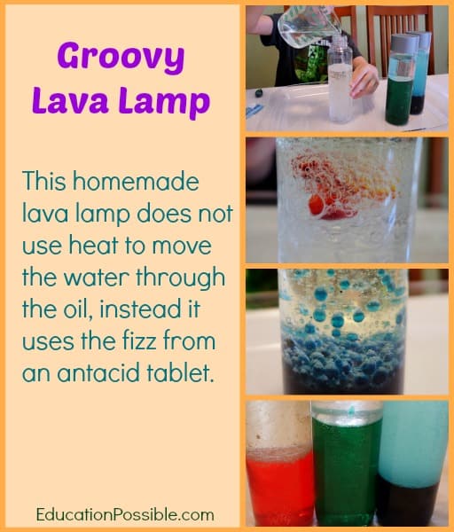 Boy using a measuring cup to pour water into a clear bottle. Three images of DIY lava lamps with different colored liquid inside.