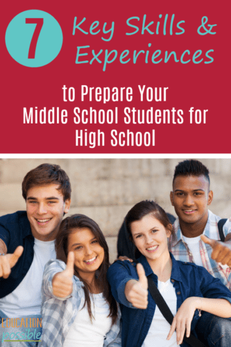 There are some simple and practical things you can do to help your middle schooler be prepared to enter their high school years. Read these seven key skills & experiences you and your teen can focus on that will get your middle school student ready for high school (and beyond). While I have the third one down pat, I've struggled with number 5 over the years. How about you? What will you be working on? #homeschooling #educationpossible #middleschool #highschool #homeschoolmoms #teens #tweens