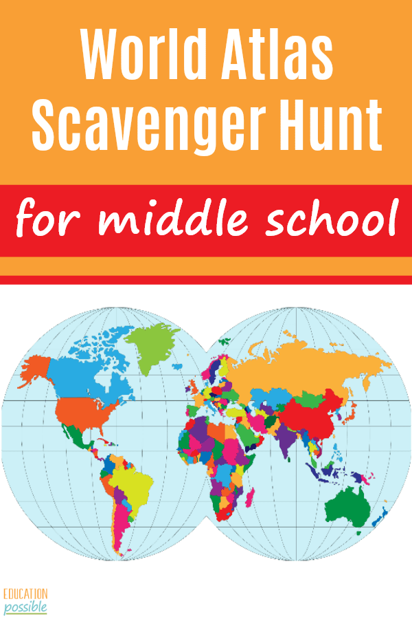 It's important to teach your middle schooler how to work with an atlas during your geography lessons. Make it fun and effective with this World Atlas Scavenger Hunt. Your students will go from A-Z, searching for places around the world, while learning a ton of great information, all while becoming familiar with the format of an atlas. Can your teen find all of the locations? #geography #scavengerhunt #middleschool #tweens #teens #handsonlearning #educationpossible #theworldisourclassroom
