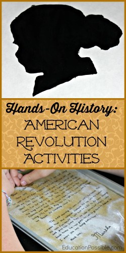 Top of pin is a silhouette of a doll's head and the bottom of the image is a piece of paper in a pan wet with tea. In the middle is a tan rectangle with text inside Hands-on History American Revolution Activities.