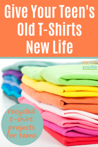 Two stacks of plain brightly colored folded t-shirts. Orange box at top with white text reading Give Teen's T-Shirts New Life.