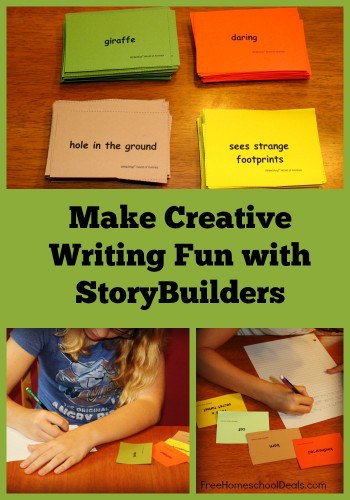 If you are looking to add more creative writing into your home school, StoryBuilders is a quick and frugal way to accomplish this goal. For many kids, coming up with something to write about is the biggest hurdle they face when writing. Staring at a blank sheet can be daunting and often takes a lot of the pleasure out of writing. This is where StoryBuilders shines. It is designed to help students enjoy the writing process by providing them with story ideas, using a printable deck of cards, split into four categories. Character Character Trait Setting Plot Getting Started As your children choose their cards, they are automatically given the main elements of a story, alleviating the dreaded, “I don’t know what to write about.” Kim shares some great ideas for choosing your story cards, but we find that we tend to pick one of two ways: Random – I lay the cards face down on the table and each girl selects one from each category. Sometimes I will let them choose again if they’re not excited about their choice. It depends on what I’m trying to focus on with the StoryBuilders. Kid’s Choice – I give the cards to my children and they sort through them and choose the cards they want to build a story. This tends to be the easier way to get started because you have control over the aspects of the story. Once they have selected the elements, it’s time to weave them together into a story. Sometimes we do this quickly, with each child developing a short story on the spot. Because they’re doing this orally, and aren’t worried about writing, it is usually easier for them to fill in the blanks between the story elements. Occasionally I want them to give their stories more depth, so I let them work on them during the week. I usually give the girls guidelines for the story’s length, but they’re responsible for the rest. This allows them to write up a more elaborate story while working on their writing, spelling and grammar skills. When to Use StoryStarters If you just want to get some creative juices flowing, think about using the cards almost as a game. Have everyone sit down, choose some cards and make up funny stories. This eliminates the pressure of writing and gives your kids the freedom to just be creative. Sometimes you just need a break from your main language arts program. Let’s face it; this can be an intense subject. If you feel that your kids are getting frustrated with writing, put your normal lessons down and let them do some creative writing with StoryStarters.
