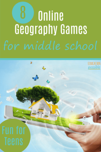 iPad with house and tree on top, finger touching, with text overlay reading 8 online geography games for middle school
