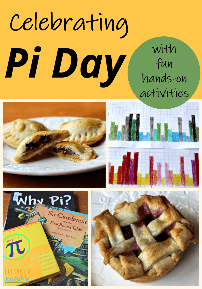 Pi Day collage showing books, pies, and art kids made. Text reads Celebrating Pi Day with fun hands-on activities