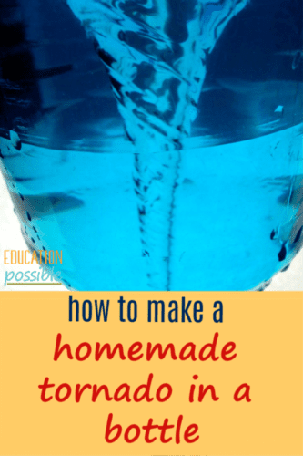 Blue water tornado funnel in soda bottle, text overlay reads how to make a homemade tornado in a bottle.