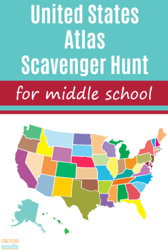 It's important to teach your middle schooler how to work with an atlas during your geography lessons. Make it fun & effective with this United States Atlas Scavenger Hunt. Your students will go from A-Z, searching for places throughout the US, while learning a ton of great information, all while becoming familiar with the format of an atlas. Can your teen find all of the locations? #geography #scavengerhunt #middleschool #tweens #teens #handsonlearning #educationpossible #theworldisourclassroom