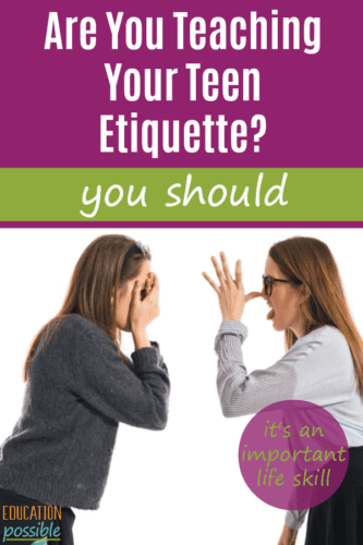 Lady on the left covering her face, woman on the right tongue out, hand up to face with thumb on nose. Text reads are you teaching your teen etiquette you should.