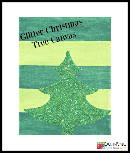 canvas with alternating stripes of two different shades of green. Green glitter tree placed over the stripes.