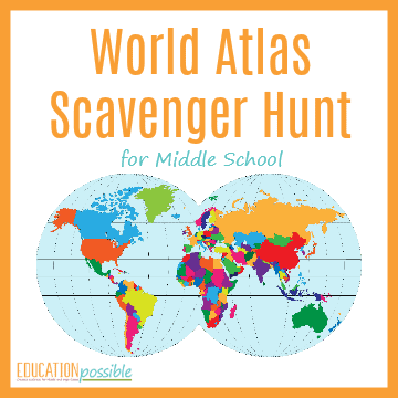 Flat atlas image of world map with colorful countries. Text overlay reads World Atlas Scavenger Hunt.