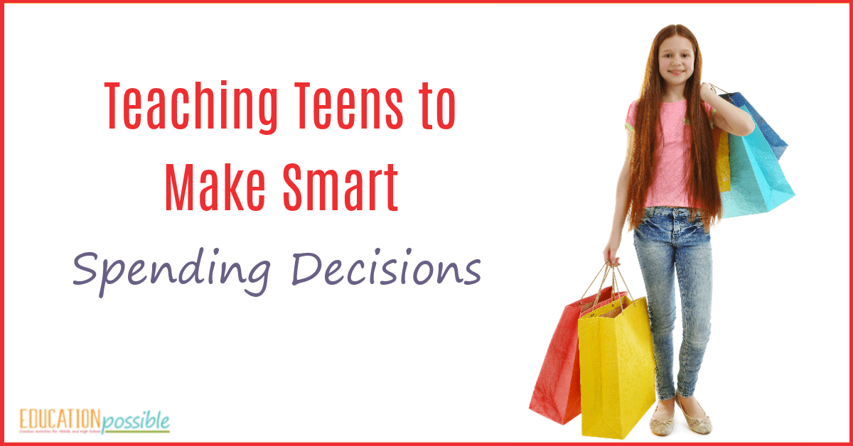 When teaching your teen the basics of personal finance, one key component is helping them understand how to make smart spending decisions. Most families tell their kids that saving is important, and it is, but without also mastering the ability to spend wisely, teens will never reach their financial goals, regardless of how much money they make. Life skills for teens. #smartspending #howtobudget #personalfinance #teens #tweens #middleschool #lifeskills #educationpossible