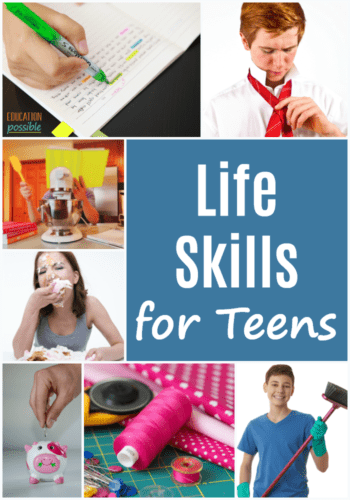 Collage of different life skills older kids need to learn. Text overlay reads Life Skills for Teens.