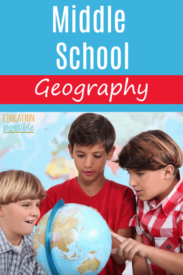 Three teen boys looking at a globe, in front of a map, with a text overlay which reads middle school geography.