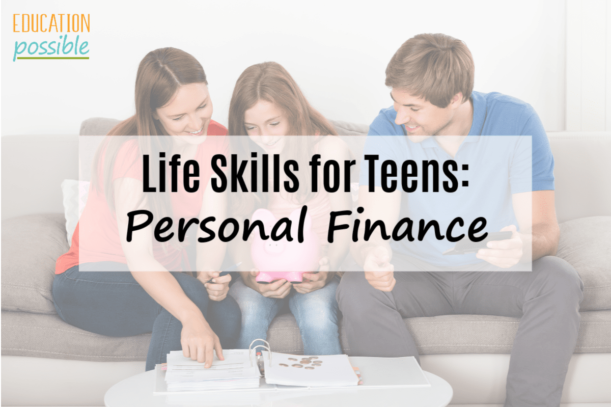Mom, dad holding a calculator, tween girl holding piggy bank on a couch and coffee table holding a budget notebook and money. Text overlay Life Skills for Teens: Personal Finance