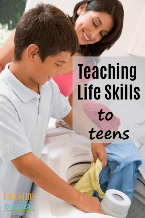 Mom teaching tween son how to use washing machine. Text overlay reads Teaching Life Skills to Teens.