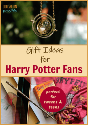 Gold time turner necklace picture over text overlay reading gift ideas for Harry Potter fans above picture of Harry Potter book, Gryffindor shirt, magic wand.