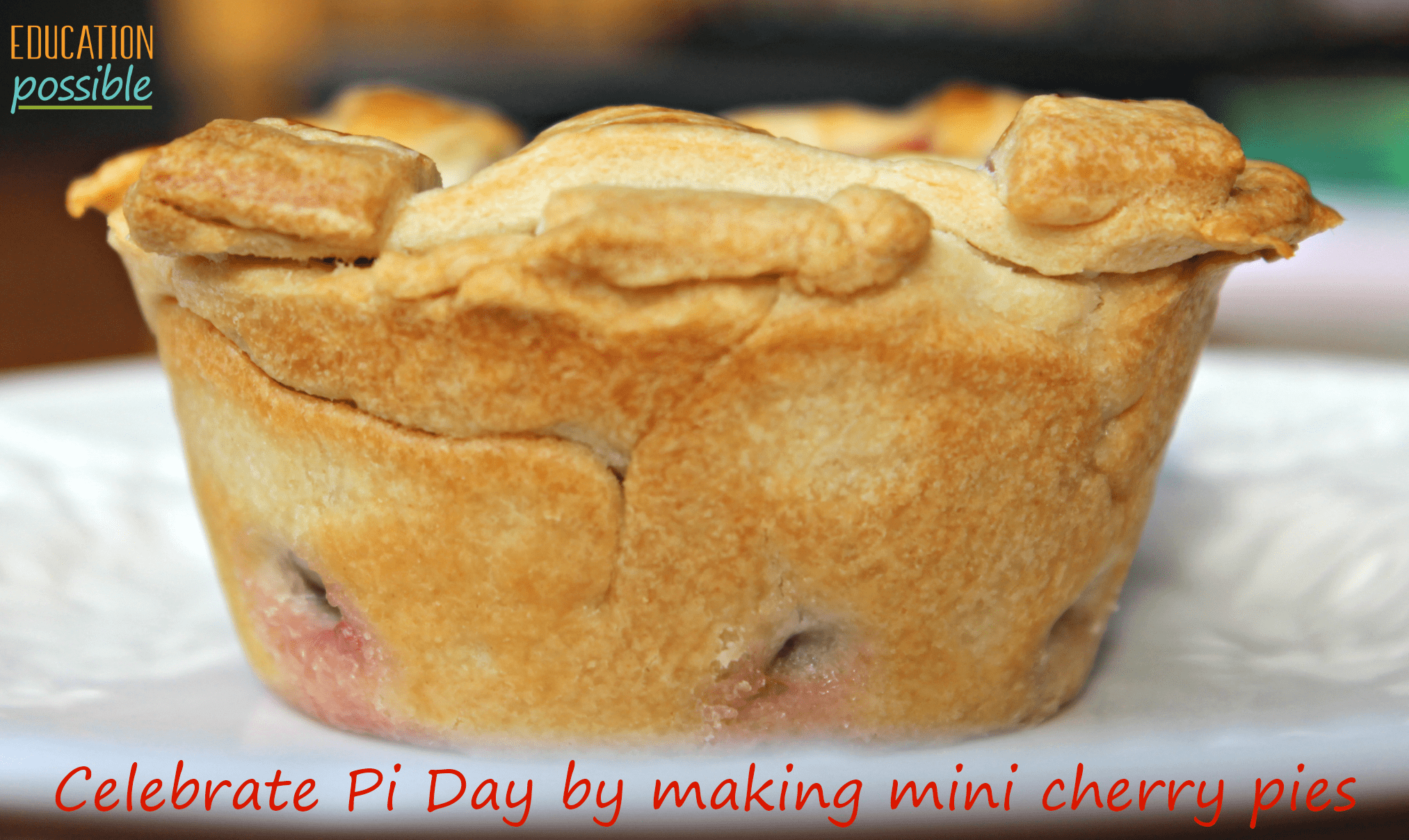 side view of mini cherry pie on white plate. Text reads Celebrate Pi Day by making mini cherry pies.