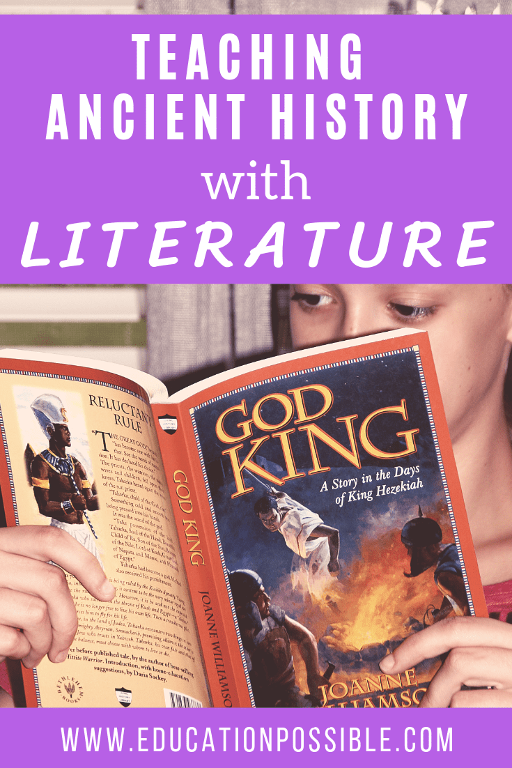 Teen girl reading God King. Text overlay reads Teaching Ancient History with Literature.