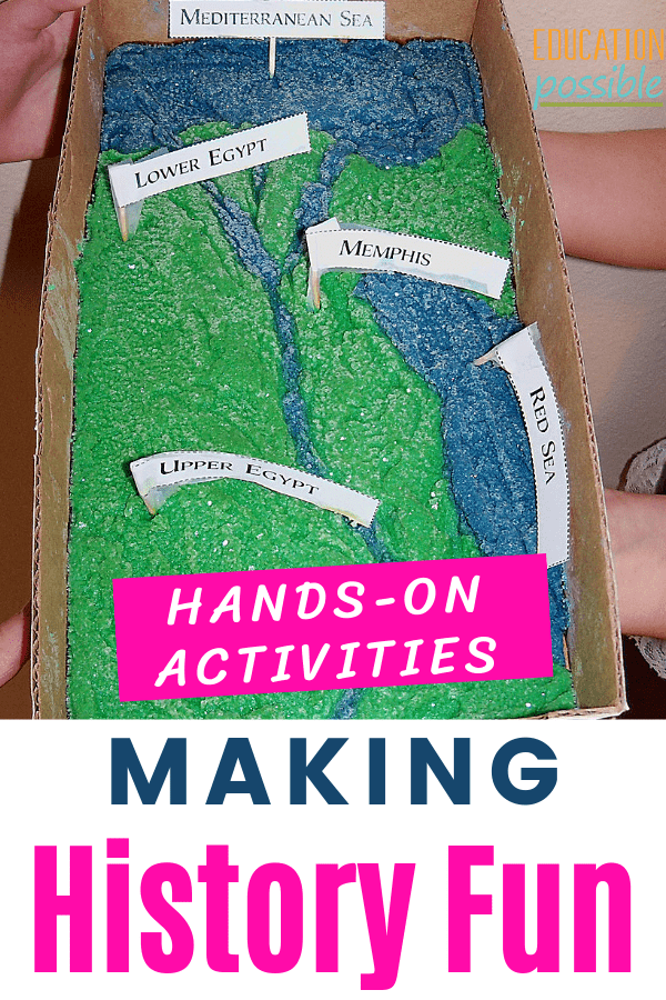 Salt dough map of the Nile River in Ancient Egypt. Text overlay reads Hands-on activities Making History Fun.