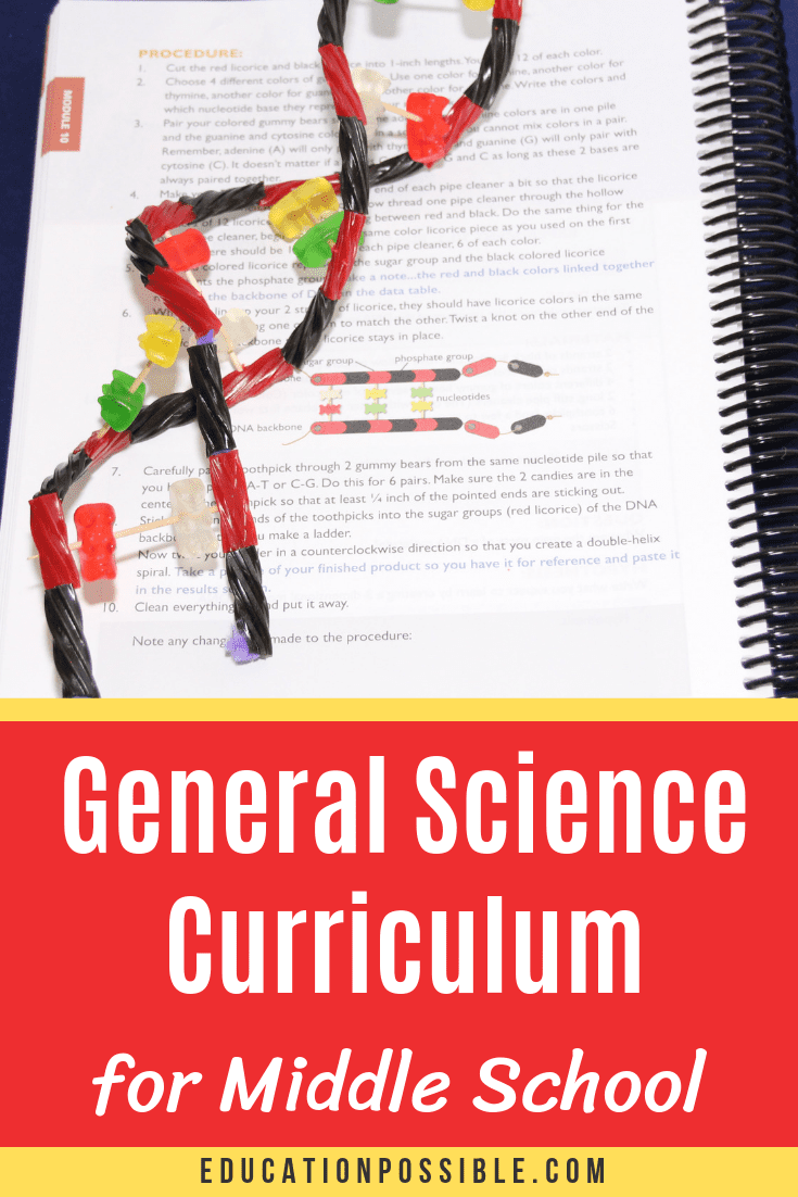 Apologia science notebook with candy DNA strand on top. Text overlay on bottom reads General Science Curriculum for Middle School.