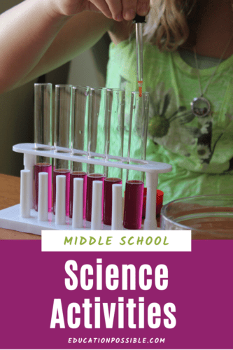 Girl using a dropper to add liquid to test tubes that have purple liquid in them. Text on bottom reads Middle School Science Activities.