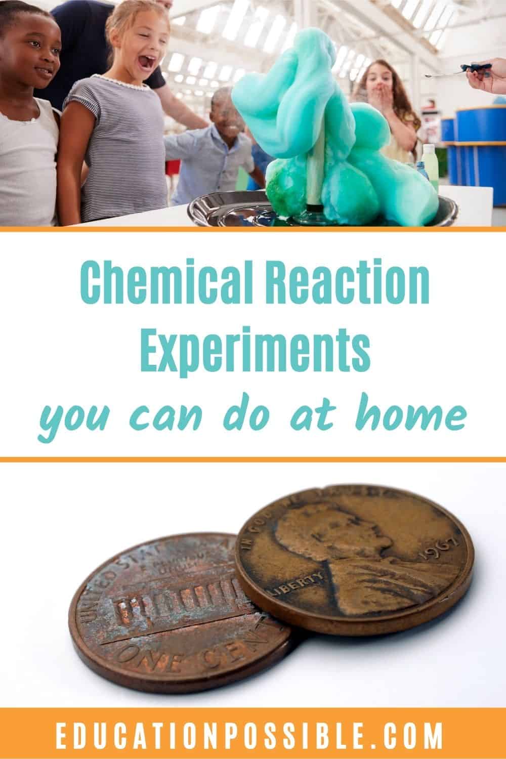 Kids making green elephant's toothpaste and tarnished pennies - chemical reaction experiments