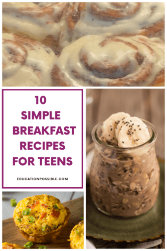 Three image collage - Chocolate overnight oats, cinnabon rolls, egg muffins. White square on left with 10 simple breakfast recipes inside.