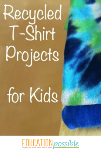 Stack of three t-shirts on right of image - blue/green/white tye-dyed, blue, and yellow. Light brown background. White text on left reads Recycled T-Shirt Projects for Kids.