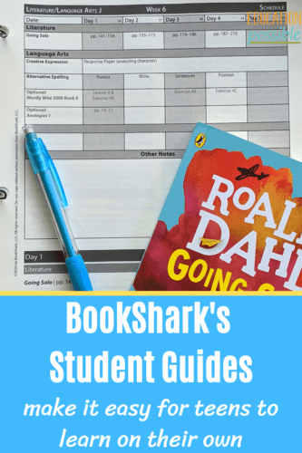 Language arts student guide page, blue pen on top of it along with the book Going Solo. Blue rectangle below the image with white text inside reading BookShark's Student Guides make it easy for teens to learn on their own.
