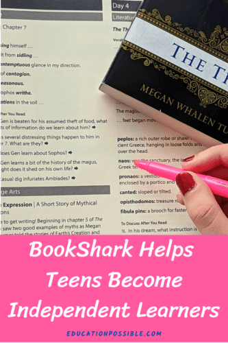 Language arts student guide, girl's hand holding a pink highlighter ready to highlight text, and the corner of The Thief book in the top right corner. Below the image is a pink rectangle with white text inside that reads BookShark helps teens become independent learners.