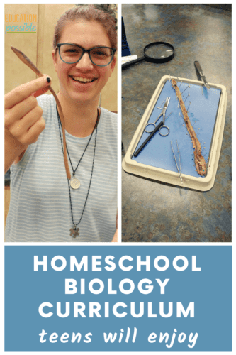 Two images side by side - a teen girl holding an earthworm before dissection and an earthworm fully dissected, pinned down on a dissection tray.