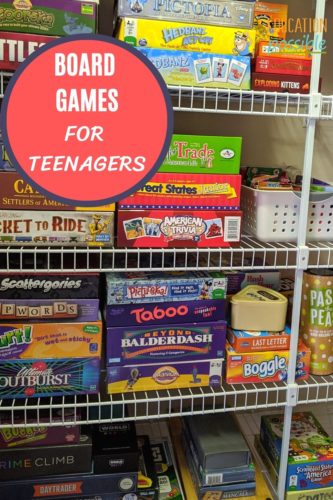 A variety of board games stacked on shelves in a closet. Text in circle overlay reads Board Games for Teenagers.