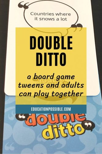 Two cards from Double Ditto card game, one showing the front of the card, the other showing the blue back. Faded text box over the cards.
