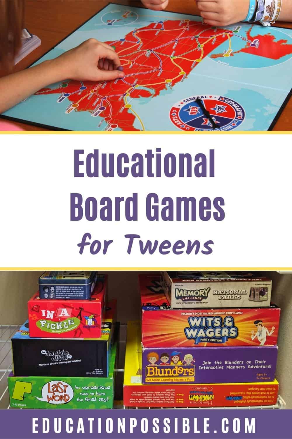 Two images with text in between them. Top image is a close up of two girls playing an American History board game. The bottom image is board games stacked on a closet shelf.