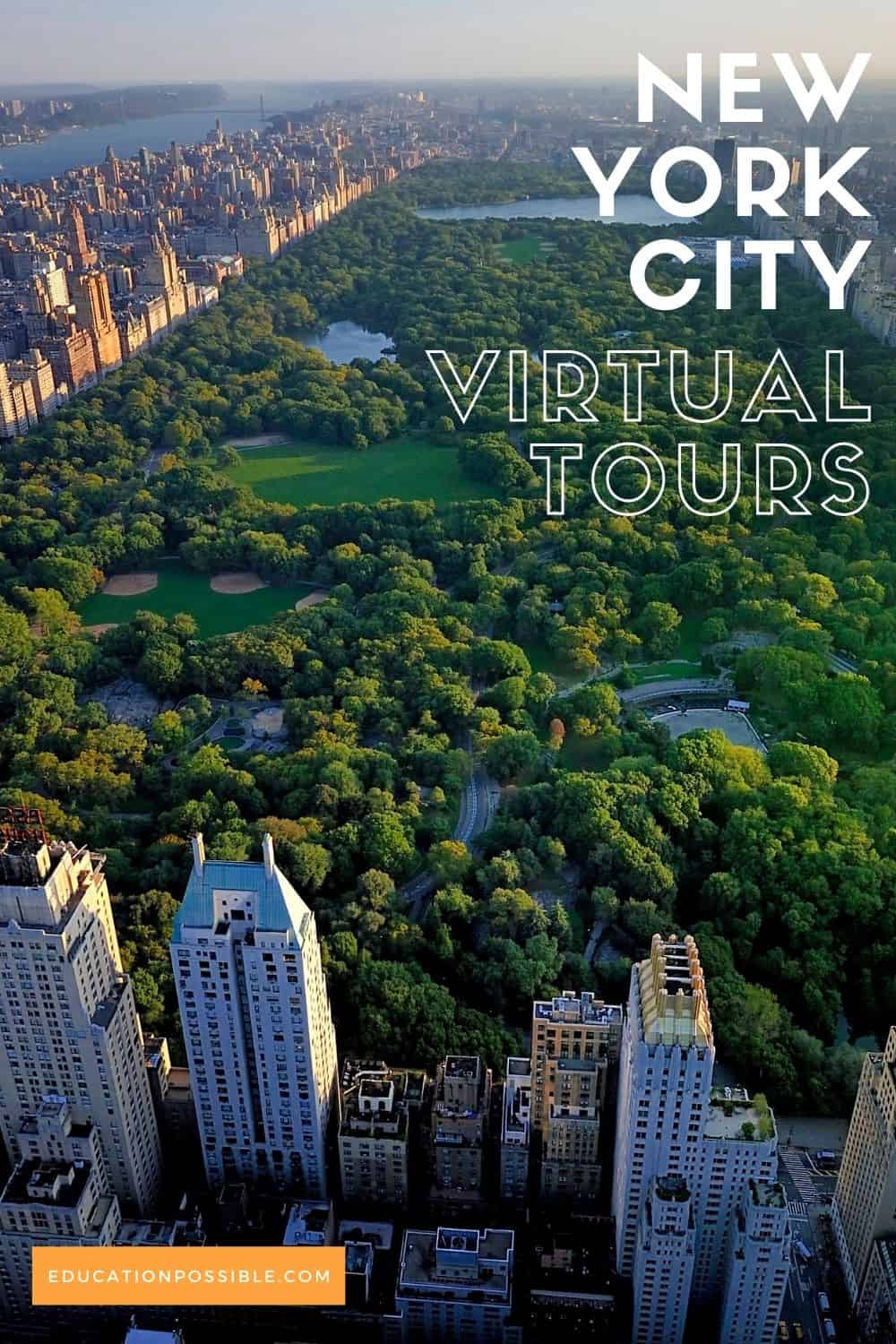 Aerial view of Central Park in New York City with buildings lining the bottom and left hand side of the park.