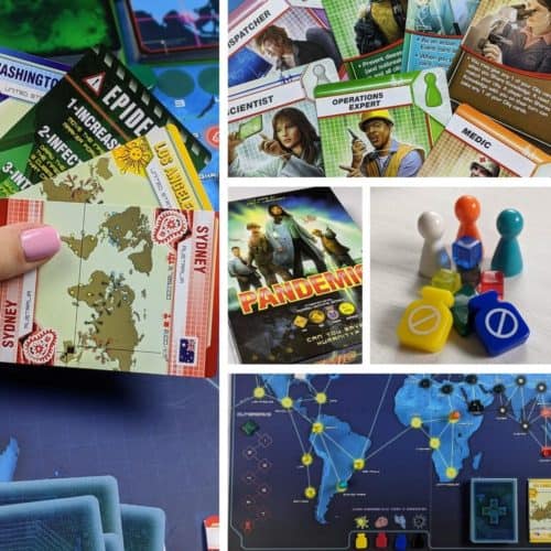 Collage of five images from the Pandemic Board Game.