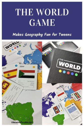 Collage of three images of The World Game, a geography card game.