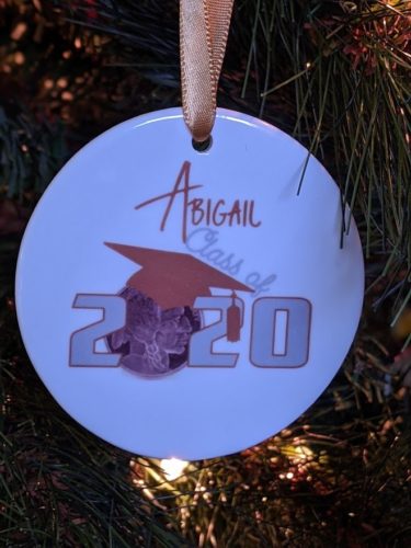 Personalized Christmas ornament celebrating graduation for Abigial. 2020 with Buffalo nickel as the first 0.