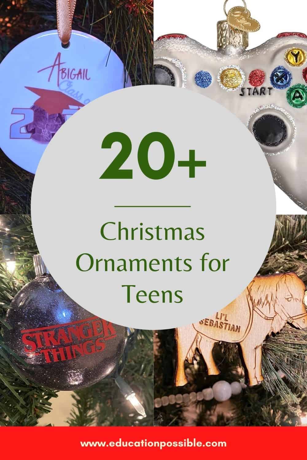 Collage of 4 images. All Christmas ornaments for teens.