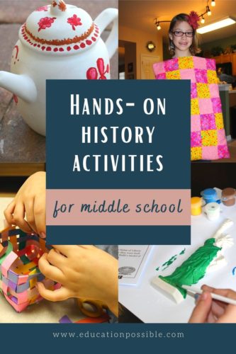 Collage of 4 images of history crafts for middle schoolers. A teapot, quilt, weaving, and magnet painting.