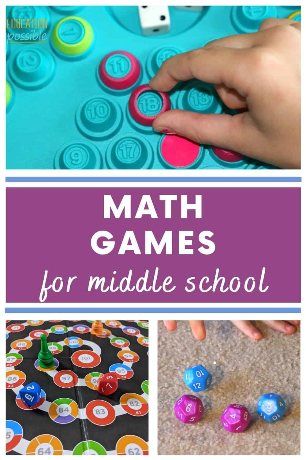 Collage of three images - math games. Number Rings, Prime Climb. Math Dice Chase