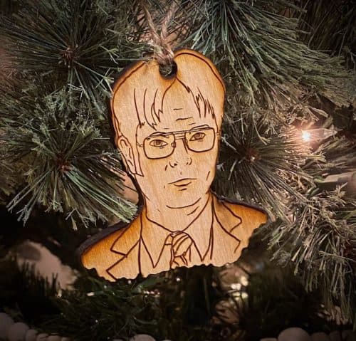 Dwight Schrute wooden ornament hanging on tree