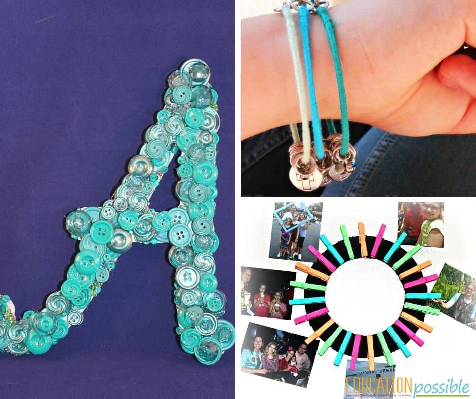 DIY gifts for friends. Green button covered letter A, neon colored clothespin picture frame, dangle bracelets