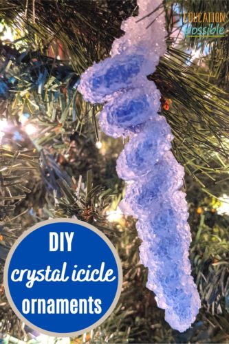 Borax crystal icicle ornament hanging on Christmas tree