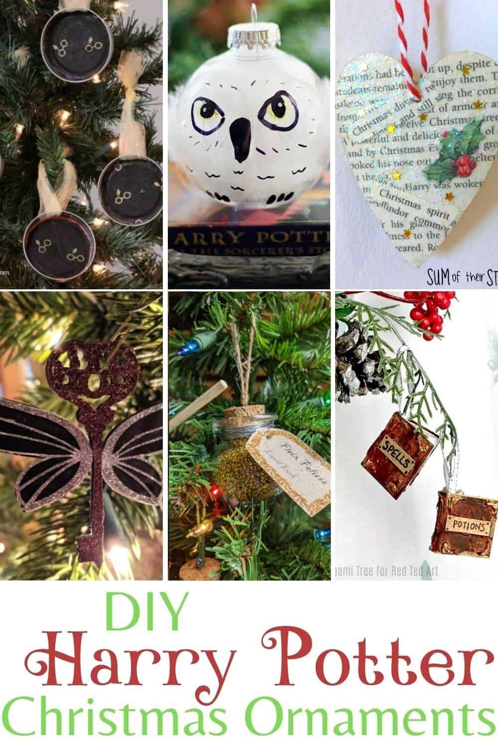 collage of 6 homemade Harry Potter ornaments