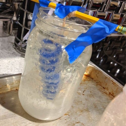Blue pipe cleaner sitting in large mason jar submerged in water, crystals forming